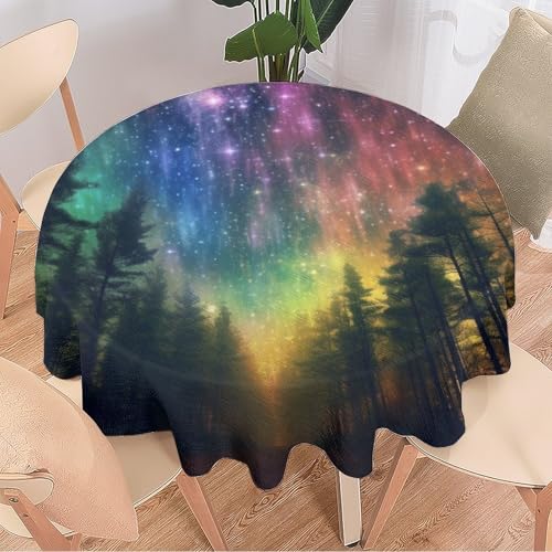 DEBAOKA Bunte runde Tischdecke mit verträumtem Wald, Nacht, Natur, Sternenlandschaft, wiederverwendbar, kreisförmig, hitzebeständig, schmutzabweisend, Tischdecke für Esszimmer, Küche, Innen- und von DEBAOKA