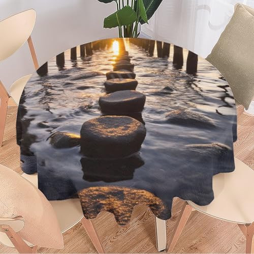 DEBAOKA Fantastische runde Tischdecke mit Steinmeer, rustikaler Sonnenuntergang, Natur, Küste, wiederverwendbar, hitzebeständig, schmutzabweisend, Tischdecke für Esszimmer, Küche, Innen- und von DEBAOKA