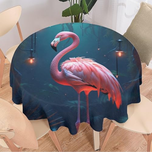 DEBAOKA Interessante runde Flamingo-Tischdecke, Nachtteich, Pflanzen, Naturtiere, Tiere, wiederverwendbar, kreisförmig, hitzebeständig, schmutzabweisend, Tischdecke für Esszimmer, Küche, Innen- und von DEBAOKA