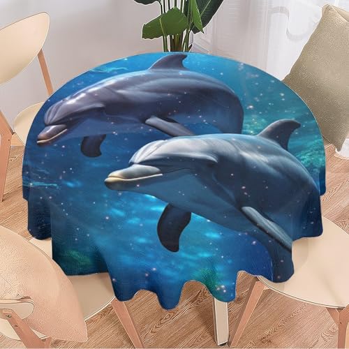 DEBAOKA Moderne runde Delfin-Tischdecke, Ozean-Unterwasser-Tier-Fantasie, wiederverwendbar, kreisförmig, hitzebeständig, schmutzabweisend, Tischdecke für Esszimmer, Küche, Innen- und Außenbereich, von DEBAOKA