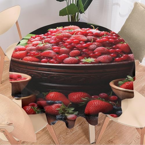 DEBAOKA Moderne runde Tischdecke mit Erdbeeren, Heidelbeeren, köstliche Früchte, wiederverwendbar, kreisförmig, hitzebeständig, schmutzabweisend, Tischdecke für Esszimmer, Küche, Innen- und von DEBAOKA