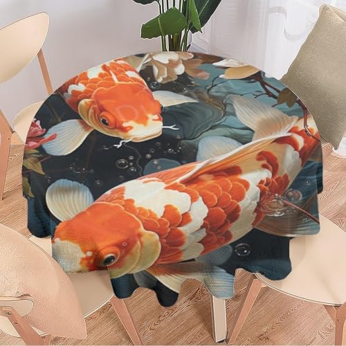 DEBAOKA Moderne runde Tischdecke mit Karpfenfisch, Wildtiere, schöne Blumen, wiederverwendbar, kreisförmig, hitzebeständig, schmutzabweisend, Tischdecke für Esszimmer, Küche, Innen- und Außenbereich, von DEBAOKA