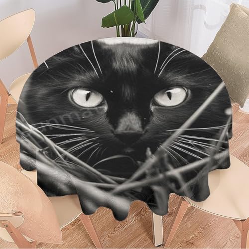 DEBAOKA Moderne runde Tischdecke mit Katze, lustige schwarze Tiergraslandschaft, wiederverwendbar, kreisförmig, hitzebeständig, schmutzabweisend, Tischdecke für Esszimmer, Küche, Innen- und von DEBAOKA