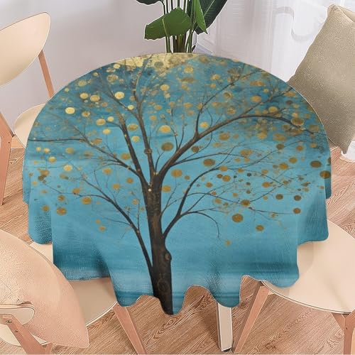 DEBAOKA Moderne runde Tischdecke mit goldenem Baum, abstraktes Blatt und Mond, rustikal, wiederverwendbar, hitzebeständig, schmutzabweisend, Tischdecke für Esszimmer, Küche, Innen- und Außenbereich, von DEBAOKA