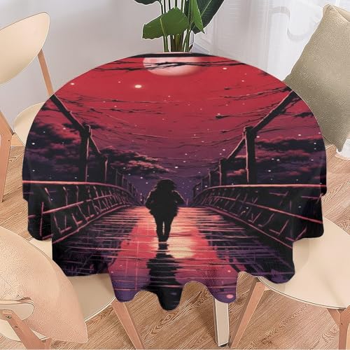 DEBAOKA Runde Tischdecke, Fantasy-Brücke, roter Himmel, Mond, Comic-Stil, wiederverwendbar, kreisförmig, hitzebeständig, schmutzabweisend, Tischdecke für Esszimmer, Küche, Innen- und Außenbereich, von DEBAOKA