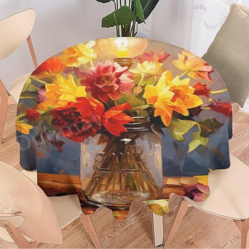 DEBAOKA Runde Tischdecke mit Aquarell-Blumen, einfache Vase, bunte Blumen, wiederverwendbar, kreisförmig, hitzebeständig, schmutzabweisend, Tischdecke für Esszimmer, Küche, Innen- und Außenbereich, von DEBAOKA