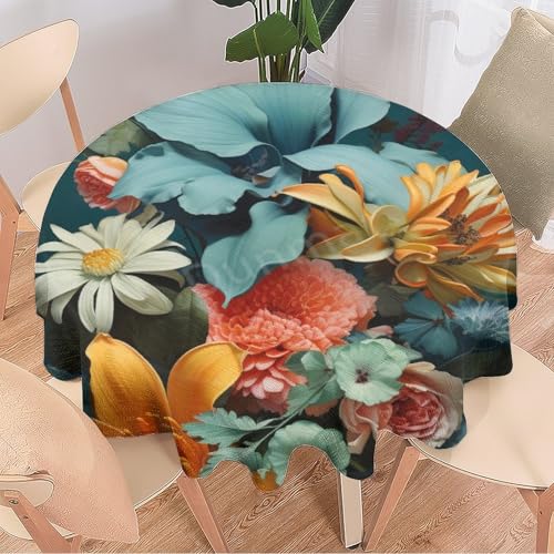 DEBAOKA Runde Tischdecke mit Blumenstrauß, bunte Fantasie-Pflanzen, rustikal, wiederverwendbar, kreisförmig, hitzebeständig, schmutzabweisend, Tischdecke für Esszimmer, Küche, Innen- und Außenbereich, von DEBAOKA