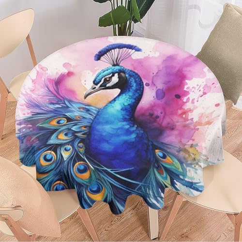 DEBAOKA Runde Tischdecke mit abstraktem Pfau, bunte Tier-Tintenmalerei, wiederverwendbar, kreisförmig, hitzebeständig, schmutzabweisend, Tischdecke für Esszimmer, Küche, Innen- und Außenbereich, von DEBAOKA