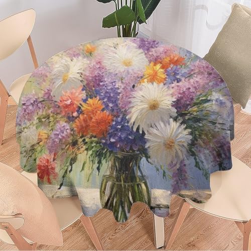 DEBAOKA Runde Tischdecke mit schönen Blumen, bunte Blumenvase, wiederverwendbar, kreisförmig, hitzebeständig, schmutzabweisend, Tischdecke für Esszimmer, Küche, Innen- und Außenbereich, von DEBAOKA