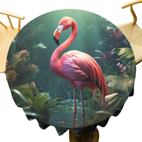 DEBAOKA Runde Tischdecke mit tropischem Flamingo, rustikaler Wald, Naturtiere, wiederverwendbar, kreisförmig, hitzebeständig, schmutzabweisend, Tischdecke für Esszimmer, Küche, Innen- und von DEBAOKA