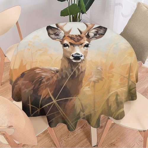 DEBAOKA Rustikale runde Tischdecke mit Hirsch, Aquarell, Gras, Landschaft, Wildtiere, wiederverwendbar, kreisförmig, hitzebeständig, schmutzabweisend, Tischdecke für Esszimmer, Küche, Innen- und von DEBAOKA