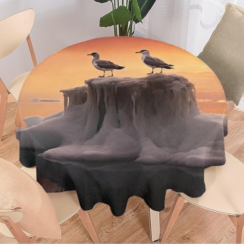 DEBAOKA Rustikale runde Tischdecke mit Vogelmotiv, Fantasie-Sonnenuntergang, Ozean, Tierlandschaft, wiederverwendbar, kreisförmig, hitzebeständig, schmutzabweisend, Tischdecke für Esszimmer, Küche, von DEBAOKA