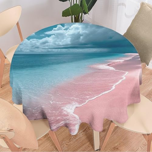 DEBAOKA Schöne runde Tischdecke mit Ozeanmotiv, Fantasierosa, Strandlandschaft, modern, wiederverwendbar, hitzebeständig, schmutzabweisend, Tischdecke für Esszimmer, Küche, Innen- und Außenbereich, von DEBAOKA