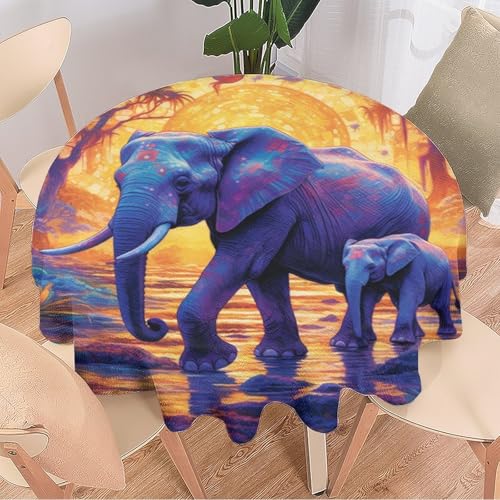 Runde Tischdecke, Fantasy-Elefant, abstrakter Sonnenuntergang, natürliche Waldlandschaft, wiederverwendbar, kreisförmig, hitzebeständig, schmutzabweisend, Tischdecke für Esszimmer, Küche, Innen- und von DEBAOKA