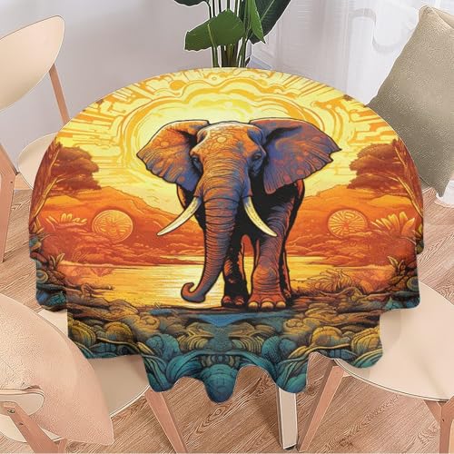 Runde Tischdecke mit Elefant, natürlich, niedliche Tiere, tropischer Sonnenuntergang, Wald, wiederverwendbar, kreisförmig, hitzebeständig, schmutzabweisend, Tischdecke für Esszimmer, Küche, Innen- und von DEBAOKA