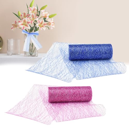 DECARETA 2 Rollen Tischläufer Rosa Blau Tischband 15cm Breit 9M lang Tüll Stoff Tischband Glitter Dekostoff Table Runner Vintage Tischdeko Band für Hochzeit Geburtstag Party Taufen Kommunionen von DECARETA