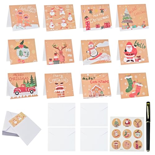 DECARETA 24 Stück Weihnachtskarten Set Weihnachtliche Karten Grußkarten Weihnachten Faltkarte Blanko Weihnachts Klappkarten 12 * 10cm Weihnachtspostkarten Glückwunschkarten mit Umschlag Aufkleber von DECARETA