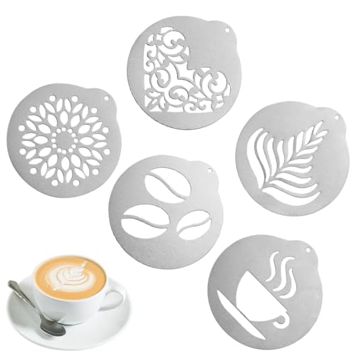 DECARETA 5er Set Edelstahl Kaffee Schablonen Cappuccino Art Schablonen Latte Dekorationsschablone Barista Milchschaum Kakao Kaffeezubehör DIY Kaffee Schablonen von DECARETA