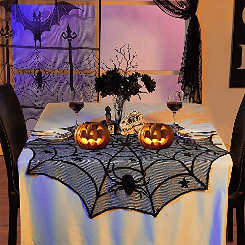 DECARETA Halloween Tischdecke Rund Schwarz Spinnennetz Spinnweben 102 cm Durchmesser Halloween Tischdeko Spinnen Netz für Karneval Halloween Party Dekoration von DECARETA