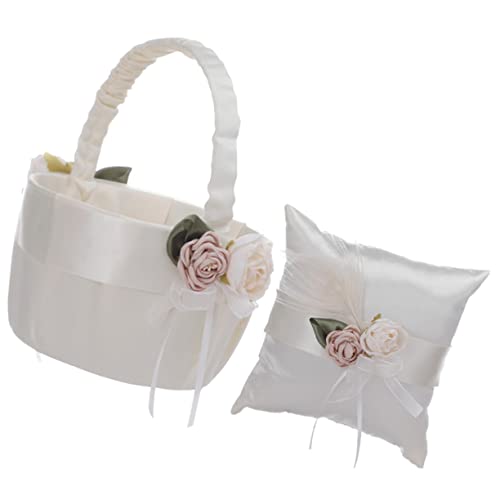 DECHOUS 5 Sets Ringkissen Blumenkorb Set Brautkorb Ringe Hochzeit Ringkissen Für Zeremonie Brautjungfer Wäschekörbe Mädchen Tasche Decke Korb Wohnzimmer Glitzer Weiß Satin von DECHOUS