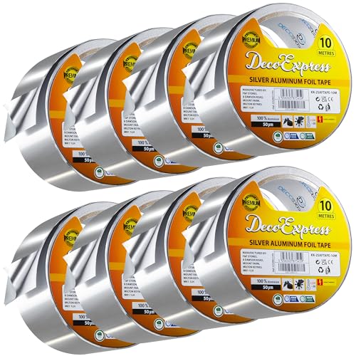 DECO EXPRESS Aluminium Klebeband, Metall Duct Tape zum Reparieren, Selbstklebende Alufolie Dichtband 45 mm x 10/25/50 m Wasserdicht Hitzebeständig (Silber 10M, 8 Rolle) von DECO EXPRESS