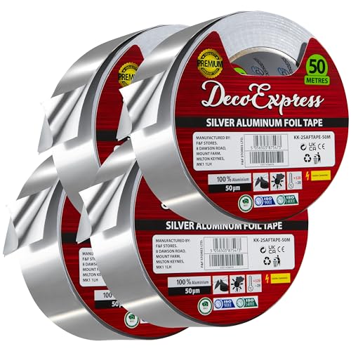 DECO EXPRESS Aluminium Klebeband, Metall Duct Tape zum Reparieren, Selbstklebende Alufolie Dichtband 45 mm x 10/25/50 m Wasserdicht Hitzebeständig (Silber 50M, 4 Rolle) von DECO EXPRESS