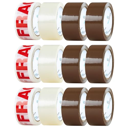 Paketklebeband 12er Pack Paketklebeband Braun, Klebeband Transparent und Zerbrechlich Klebeband - Packing Tape zum Verpacken, Umzug (Bänder Gemischt, 1er-Pack) von DECO EXPRESS