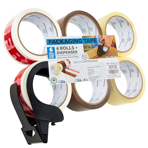 Paketklebeband mit Abroller Set, Paketbandabroller und Rollen Paketklebeband zum Verpacken Extra Strong PVC-Klebebändern (Kleiner Spender Gemischt) von DECO EXPRESS