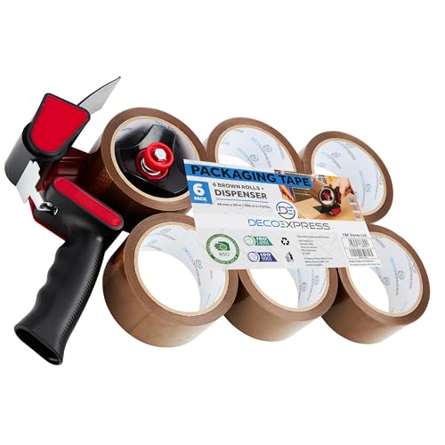 Paketklebeband mit Handabroller Set, Handheld Paketbandabroller und Rollen Paketklebeband zum Verpacken Extra Strong PVC-Klebebändern (Spender Braun, 1er-Pack) von DECO EXPRESS