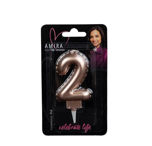 AMIRA powered by decocino - Zahlenkerze Rosegold No. 2 - elegante Party Deko für Geburtstage, Partys oder ein Jubiläum, ideal für Kuchen, Torten oder Muffins, 7cm hoch von DECOCINO