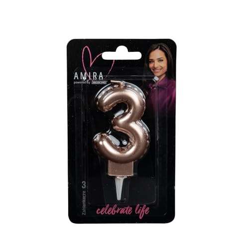 AMIRA powered by decocino - Zahlenkerze Rosegold No. 3 - elegante Party Deko für Geburtstage, Partys oder ein Jubiläum, ideal für Kuchen, Torten oder Muffins, 7cm hoch von DECOCINO