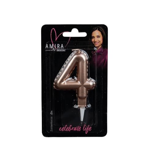 AMIRA powered by decocino - Zahlenkerze Rosegold No. 4 - elegante Party Deko für Geburtstage, Partys oder ein Jubiläum, ideal für Kuchen, Torten oder Muffins, 7cm hoch von DECOCINO