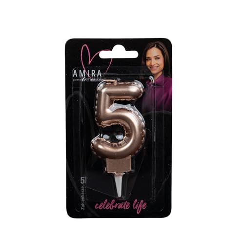 AMIRA powered by decocino - Zahlenkerze Rosegold No. 5 - elegante Party Deko für Geburtstage, Partys oder ein Jubiläum, ideal für Kuchen, Torten oder Muffins, 7cm hoch von DECOCINO