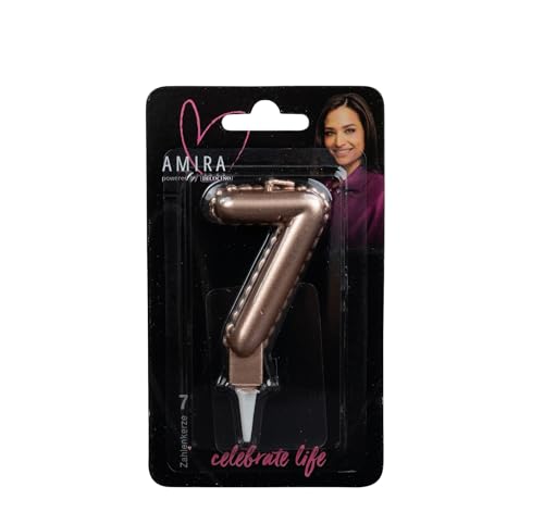 AMIRA powered by decocino - Zahlenkerze Rosegold No. 7 - elegante Party Deko für Geburtstage, Partys oder ein Jubiläum, ideal für Kuchen, Torten oder Muffins, 7cm hoch von DECOCINO