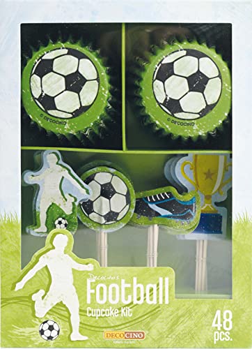 DECOCINO Muffin-Set Football 48-tlg. - 24 Cupcake-Förmchen mit Ø 5 cm & 24 Muffin-Topper aus Papier, ideale Deko für Kindergeburtstage & Motto-Partys von DECOCINO