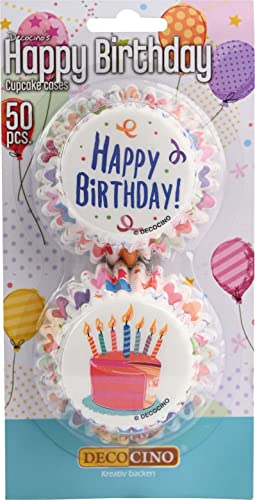 DECOCINO Muffinförmchen Happy Birthday 50 Stk - Ø 5 cm - Papier Cupcake-Förmchen mit verschiedenen Motiven als ideale Back-Deko für Kinder-Geburtstage von DECOCINO