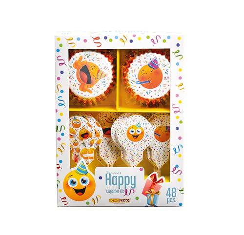 DECOCINO Muffinset Happy 48-tlg. - 24 Cupcake Förmchen und 24 Muffin Topper aus Papier, ideal für Geburtstage, Partys, JGA, Abschlussfeiern oder einfach nur so von DECOCINO