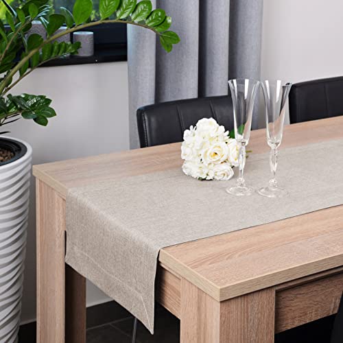 DECOOR Glatte, Matte, schmutzabweisende Tischdecke, 40 x 140 cm, Beige, veredelt mit Einer dekorativen 5 cm Breiten Lamelle, aus dickem Gewebe 220 g/m², 100% Polyester, hergestellt in EU von DECOOR