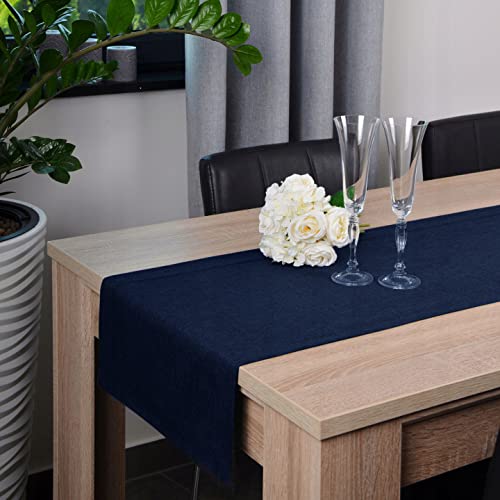 DECOOR Glatte, Matte, schmutzabweisende Tischdecke, 40 x 160 cm, Navyblau, veredelt mit Einer dekorativen 5 cm Breiten Lamelle, aus dickem Gewebe 220 g/m², 100% Polyester, hergestellt in EU von DECOOR