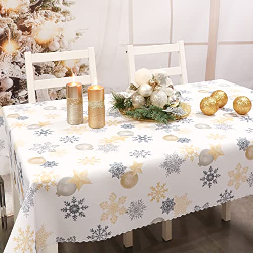 DECOOR Tischdecke für Weihnachten - schmutzabweisendes Tischtuch, 500 x 140 cm, Weihnachtsmotive wie Kugeln, Sterne, aus dickem Gewebe 170 g/m², 100% Polyester, hergestellt in EU von DECOOR