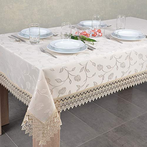 DECOOR - schmutzabweisende Tischdecke, 140 x 220 cm, Beige, veredelt mit dekorativer 9 cm breiter Guipure-Spitze, aus Jacquardgewebe 230g/m², 100% Polyester, hergestellt in EU von DECOOR