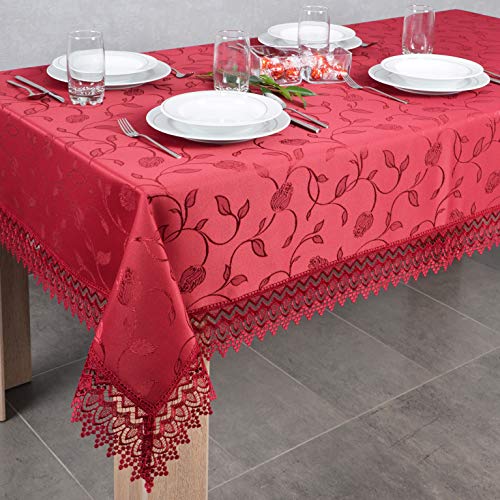 DECOOR - schmutzabweisende Tischdecke, 140 x 220 cm, Burgund, veredelt mit dekorativer 9 cm breiter Guipure-Spitze, aus Jacquardgewebe 230g/m², 100% Polyester, hergestellt in EU von DECOOR