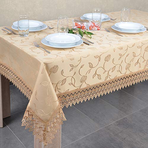 DECOOR - schmutzabweisende Tischdecke, 140 x 240 cm, Gold, veredelt mit dekorativer 9 cm breiter Guipure-Spitze, aus Jacquardgewebe 230g/m², 100% Polyester, hergestellt in EU von DECOOR