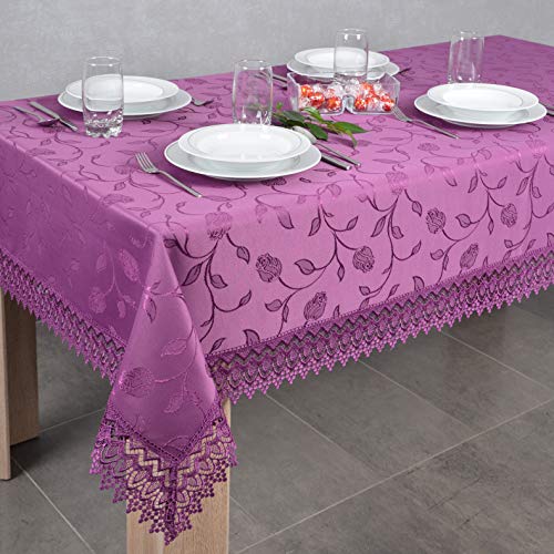 DECOOR - schmutzabweisende Tischdecke, 140 x 280 cm, Violett, veredelt mit dekorativer 9 cm breiter Guipure-Spitze, aus Jacquardgewebe 230g/m², 100% Polyester, hergestellt in EU von DECOOR