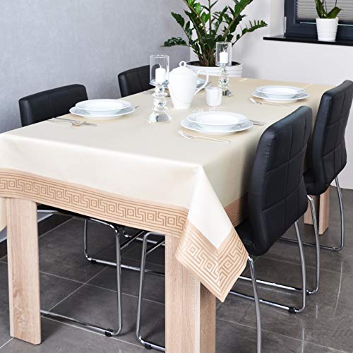 DECOOR - schmutzabweisende Tischdecke, veredelt mit einem 10 cm Breiten Dekorstreifen mit griechischem Muster, aus Satingewebe 200 g/m², 100% Polyester, hergestellt in EU (Beige+Kakao, 120 x 180 cm) von DECOOR