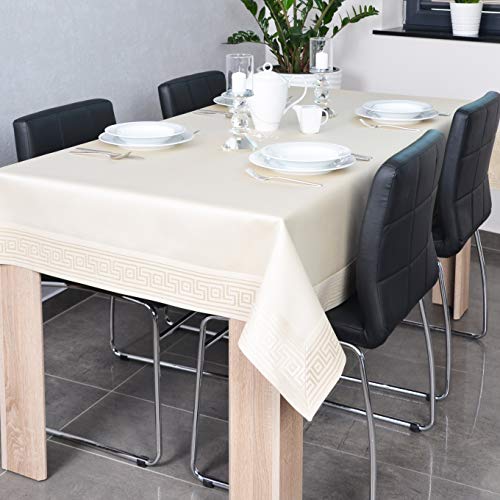 DECOOR - schmutzabweisende Tischdecke, veredelt mit einem 10 cm Breiten Dekorstreifen mit griechischem Muster, aus Satingewebe 200 g/m2, 100% Polyester, hergestellt in EU (Beige, 140 x 280 cm) von DECOOR