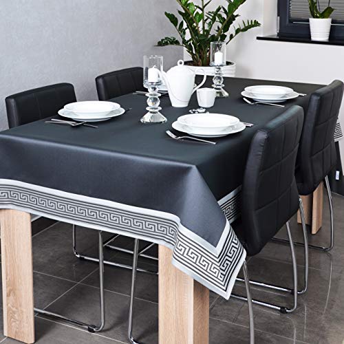 DECOOR - schmutzabweisende Tischdecke, veredelt mit einem 10 cm Breiten Dekorstreifen mit griechischem Muster, aus Satingewebe 200 g/m², 100% Polyester, hergestellt in EU (Grafit+Grau, 120 x 180 cm) von DECOOR