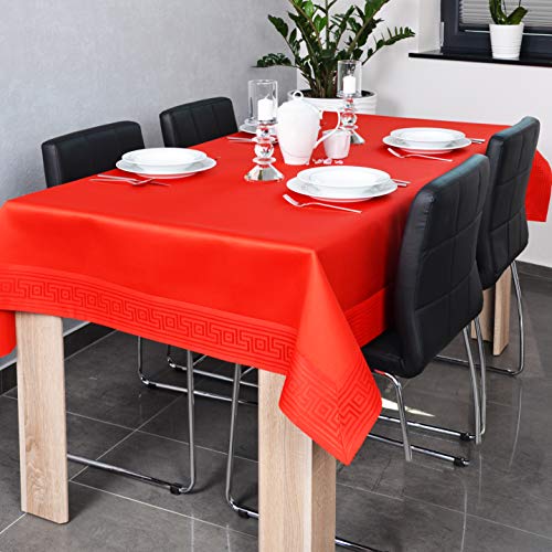 DECOOR - schmutzabweisende Tischdecke, veredelt mit einem 10 cm Breiten Dekorstreifen mit griechischem Muster, aus Satingewebe 200 g/m², 100% Polyester, hergestellt in EU (Rot, 120 x 200 cm) von DECOOR