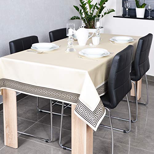 DECOOR - schmutzabweisende Tischdecke, veredelt mit einem 10 cm breiten Dekorstreifen mit griechischem Muster, aus Satingewebe 200 g/m², 100% Polyester, hergestellt in EU (Beige+Schwarz, 120 x 180 cm) von DECOOR