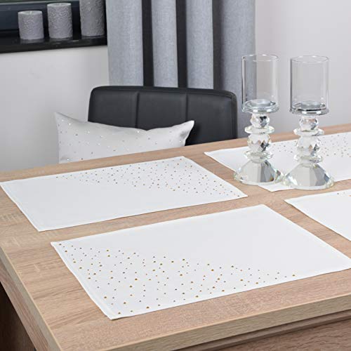 DECOOR - schmutzabweisendes Tischläufern, 30 x 40 cm, Ecru, veredelt mit einem ästhetischen Rückseite auf 1 cm, verziert mit Kristallen, Gewebe 200 g/m², 100% Polyester, hergestellt in der EU von DECOOR